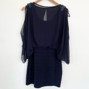 CACHE Open Arm Drapey Navy Blue Dress size 6 Beaded Detail at Shoulder
